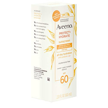 Aveeno Protect + Hydrate Moisturizing Face Sunscreen Lotion With Broad Spf 60 & Prebiotic, Oil-free, Oxybenzone-free, 2.0 ounces