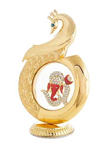 Gold Plated Peacock Shape Om Ganesha Ganesh 12 Cm Car ashboard Idol Statue Hindu Figurine Showpiece and Gift