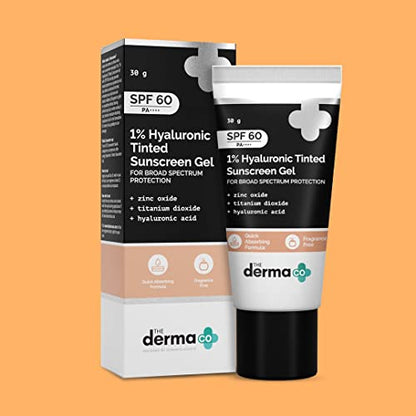 The Derma Co 1% Hyaluronic Tinted Sunscreen SPF 60 Gel, PA++++, No White Cast, Lightweight, Broad Spectrum Protection - 30g