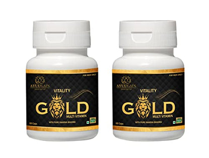 Ayuugain Vitality Gold Multivitamin Capsule for Men with Swarna Bhasma, Kesar, Shilajit, Makardwaj, y, Vitality, Power, Stamina, Endurance - Pack of 2