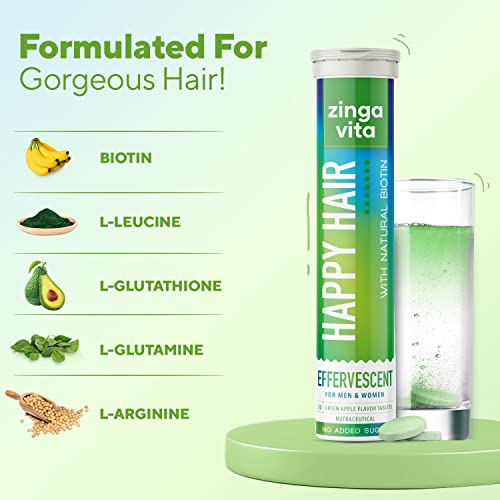 Zingavita Happy Hair Biotin Tablets - 20 Count | With Biotin, Glutamine & Selenium for Hair Wellness | 20 Veg Effervescent Tabs, Green Apple