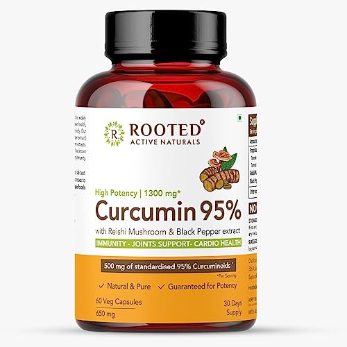 Rooted Curcumin (95%) Reishi & Black pepper Extract (for better absorbtion)1300mg, for Immunity, Joints Cardio Health| 60 VEG Capsules, 650 Mg each