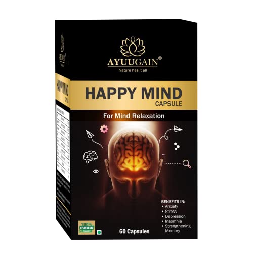 Ayuugain Happy Mind Capsule with Brahmi Bacopa Monnieri, Shankhpushpi, Ashwagandha, Vacha & More – 60 Veg. Capsules