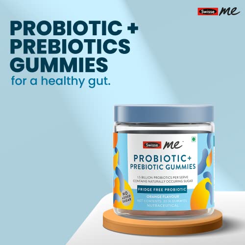 SwisseMe Probiotics Prebiotic Gummies - Probiotic Supplement With 1.5 Billion CFU, Zero Added Sugar - 30 Gummies Orange Flavour