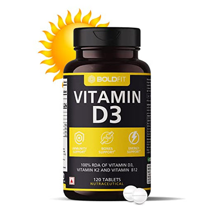 Boldfit Vitamin D3 Tablets for Men & Women - Vitamin D,Vitamin D3 + K2(MK7) & Vitamin B12 -Vitamin DWomen for Bone Support & Joint Support -120Tablets