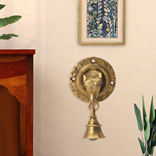 The Advitya Elephant Trunk-Shaped Brass Door Hanging Bell | Antique Finish Ganesh Ghanti | Elephant Face Temple Bell | 3.3 X 3.3 Inch