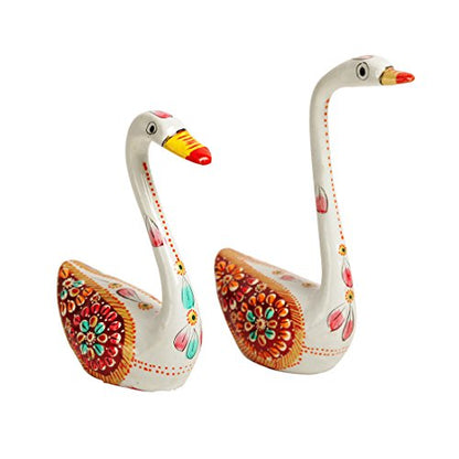 Metal Meenakari Decorative Showpiece White Swan Hand Enamelled Figurine Set (3.1 x 1.3 x 4.2 Inch & 2.6 x 1.2 x 3.6 Inch, 2 Pcs)