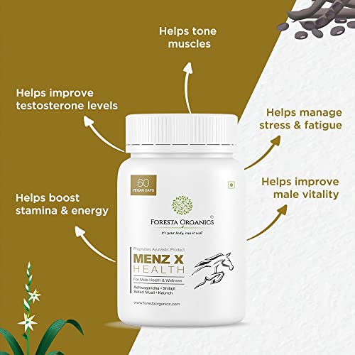 Foresta Organics Menz-X Health | Shilajit, Ashwagandha, Safed Musli & more | Stamina, Performance & Endurance Booster – 60 Capsules