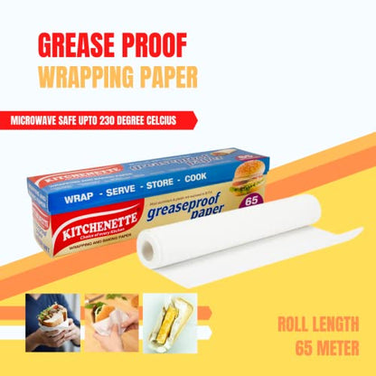 Kitchenette Food Wrapping Paper - 65 Meter | Family Pack | Food Grade and Unprinted Paper | Coreless Roll | Microwave Safe |AKA - Butter Paper|