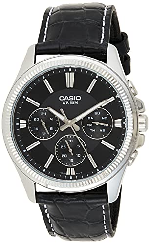 Casio Analog Multi Dial Mens Watch Black Dial Black Colored Strap Leather Material