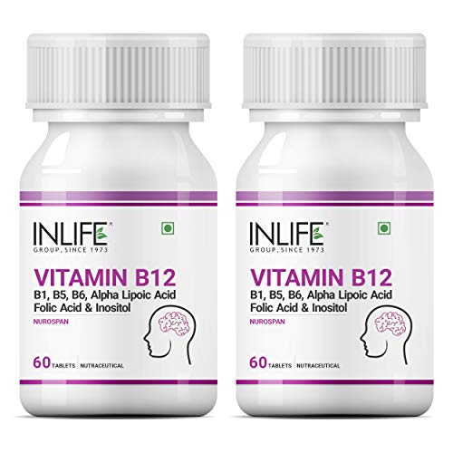 INLIFE Vitamin B12 with B1, B5, B6, Alpha Lipoic Acid ALA, Folic Acid, Inositol Supplements - 60 Tablets (Pack of 2, 120)