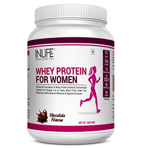 Inlife Whey Protein Powder for Women, 23g Protein, Vitamins, Omega 3, Digestive Enzymes, Hair Skin Nails, Weight Management (500g, Chocolate)