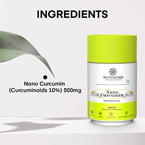 NUTRiHERBS Nano Curcumin 500mg 60 Capsules With Pure Extract of Turmeric (Haldi) Boosts Immunity, Glowing Skin & Hair