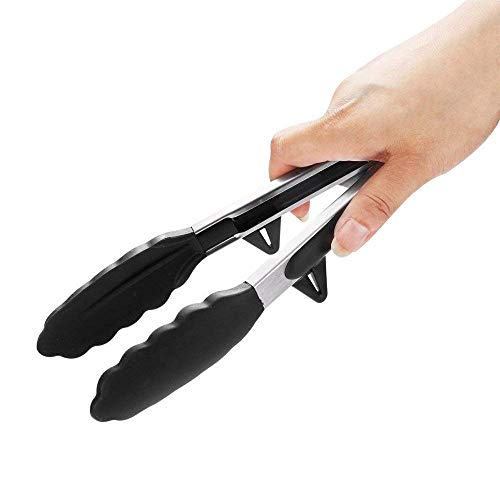 Baskety Silicone Cooking Tongs Kitchen Food Tongs Stainless Steel Material with Heat Resistant, 9" Inch (Black)