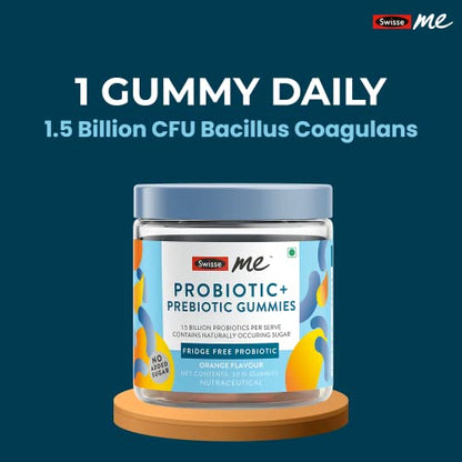 SwisseMe Probiotics Prebiotic Gummies - Probiotic Supplement With 1.5 Billion CFU, Zero Added Sugar - 30 Gummies Orange Flavour