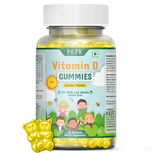 INLIFE Vitamin D Gummies for Men Women, Daily Supplement for Bone & Muscle Health, Gluten Free, Vegan, 400 IU - 30 Gummies (Lemon)