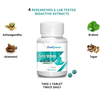 Nutrigrams Zero Stress, with Ashwagandha (7.5% Withanolides), Brahmi, Jatamansi & Tagar Extracts - 60 Tablets