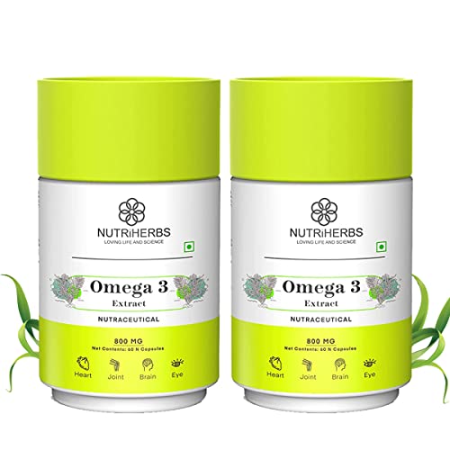 NUTRiHERBS Omega 3 Capsule with DHA Rich Algae Extract & EPA 800mg Helps Maintains HDL Levels, Stron, Improves Skin Elasticity (60 Capsules Pack of 2)