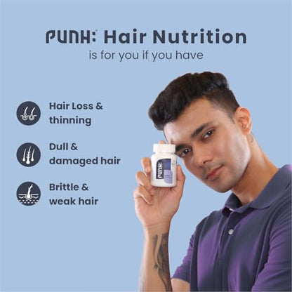 Punh Hair Nutrition Supplement with Biotin, Vitamins, Minerals, Amino Acids & DHT Blockers for Hair r Fall for Men & Women - 30 Veg Capsules (1 Month)