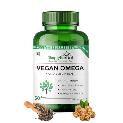 Simply Herbal Organics Pure Vegan Omega 3 6 9 Capsules 500mg Supplement Triple Strength Flaxseed, DHint & Brain Health, Immunity Booster - 60 Capsules