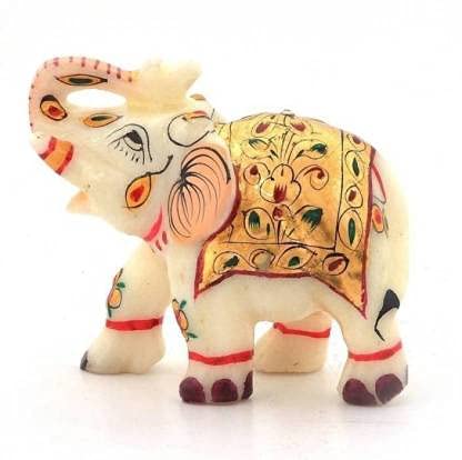Fashion Bizz Rajasthani Handmade Elephant Marble Handicraft Decorative Showpiece - 6 cm (Brass, White, Orange, Gold)
