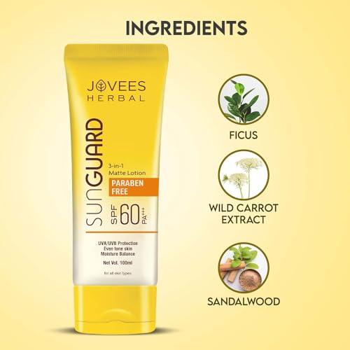 Jovees Herbal Sun Guard Lotion SPF 60 PA++++ | 3 in 1 Matte Lotion | Daily Use, UVA/UVB Protection, e Skin | Boot star 4 Rating | For Women/Men 100 ML