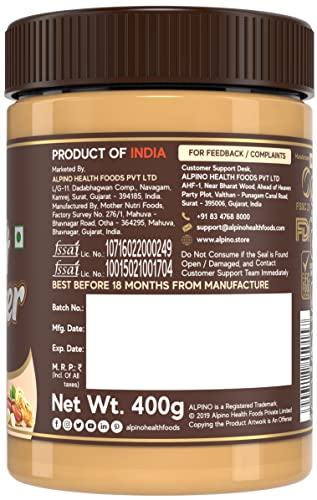 Alpino Coconut Peanut Butter Smooth 400 G | Roasted Peanuts, Coconut Paste | High Protein Peanut Butter Creamy | Gluten-Free | Vegan