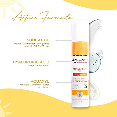 Astaberry Indulge Sunscreen Gel SPF 50 PA+++ |Broad Spectrum protection from UVA/B & Blue Light| SunE & No White Cast | Light Weight & Non Greasy- 50g