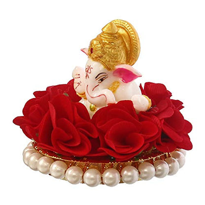 eCraftIndia Lord Ganesha Idol on Decorative Handcrafted Plate with Red Flowers