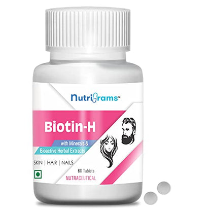 Nutrigrams Biotin-H- Biotin 100% RDA with Magnesium, Zinc, Spirulina, Moringa, Manjishtha, Bamboo SiGrowth, Glowing Skin & Stronger Nails - 60 Tablets