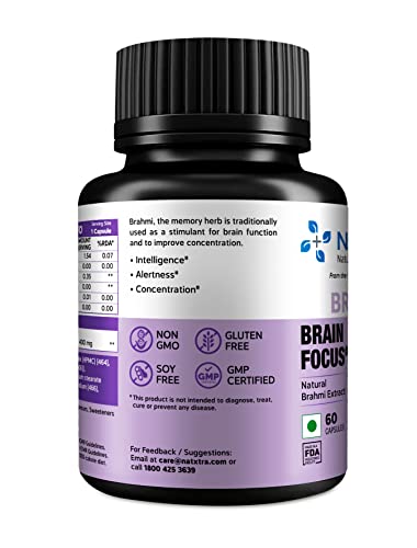 NatXtra Brahmi Brain Focus Capsules - Natural Brahmi Extract - 400mg - 60 Vegetarian Capsules - Cognitive Support for Men and Women