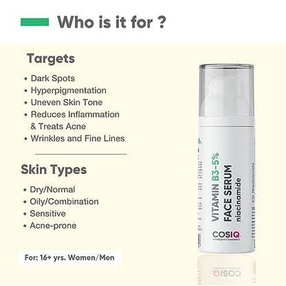 Cos-IQ 5% Niacinamide Face Serum for Clear Glowing Skin, Reduces Dullness, Hydrates & Repairs Skin with Vit B3 & Hyaluronic Acid, 30ml