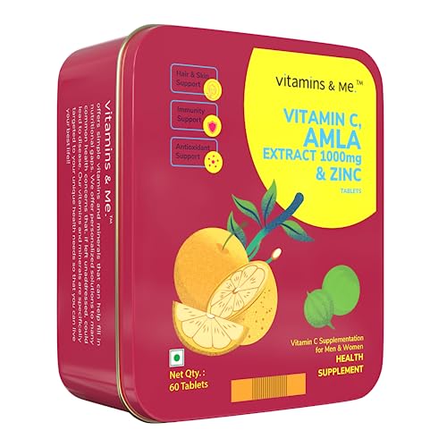 Vitamin C Tablets with Amla Extract 1000 mg and Zinc by Vitamins & Me - Immunity Support Glowing SkiIdeal Health Supplement for Men Women (60 Tablets)