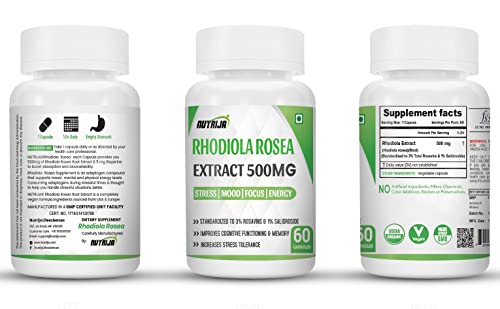 NutriJa Rhodiola Rosea Root Extract 500mg - Standardized to 3% Rosavins & 1% Salidroside | Adaptogen Complex with Bioperine (120 Capsules)