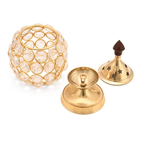 Collectible India Akhand Diya Diyas Decorative Brass Crystal Oil Lamp, Tea Light Holder Lantern Oval Shape