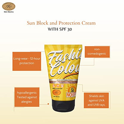 FASHION COLOUR Broad Spectrum UV Shield | Sun Block Cream | Indian Summer Formula | Sweatproof | Watf | SPF30 | Matte Cream Gel | All Skin Types | 60g