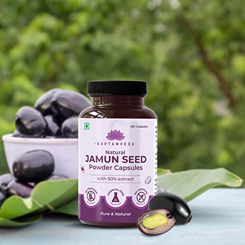 Saptamveda Natural Jamun Seed Powder Capsules with 50% Extract Pack 1, 500 mg ( 60 Capsules)