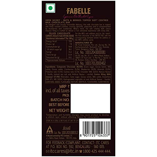 Fabelle Open Secret, Centre- Filled Luxury Chocolate Bar with Dark Choco Mousse and Visible Nuts & Berries, 125g