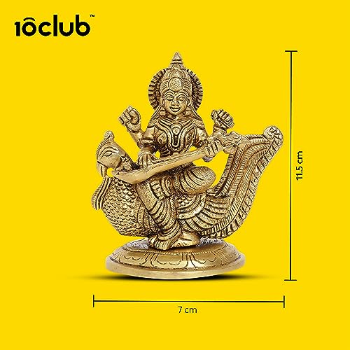 10Club 100% Pure Brass Goddess Saraswati Idol | Saraswati Sitting on a Peacock for Desk and Home Decor | Yellow Antique Finish