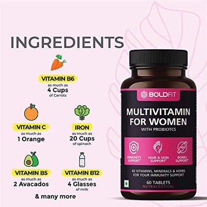 Boldfit Multivitamin Tablets For Women With 42 Ingredients - Probiotics, Zn, Vit B12, C - Supports Energy, Immunity, Hair, Skin & Bone - 60 Veg Tabs