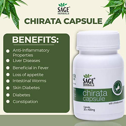 Sage Herbals Chirata for Blood Purification and Helps to Remove Pimples and Acne, 30 Capsules