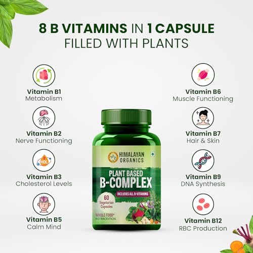 Himalayan Organics Plant Based Vitamin B Complex with 100% RDA B1, B2, B3, B5, B6, B9 & B12 | Hair Growth, Boost Energy And Immunity (60 Capsules)