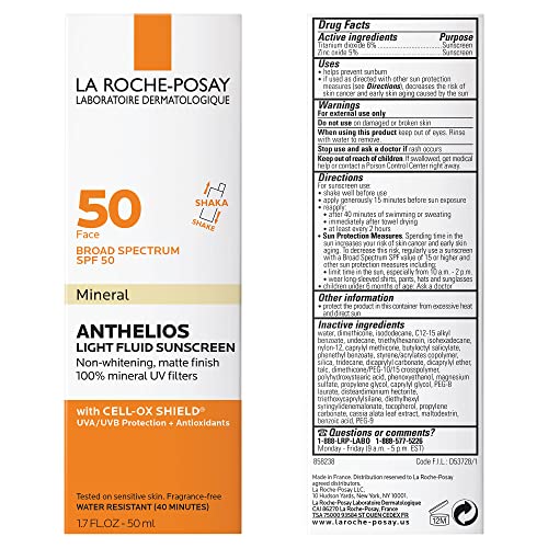 La Roche-Posay Anthelios Mineral Ultra-Light Fluid Broad Spectrum SPF 50, Face Sunscreen with Zinc Oxide and Titanium Dioxide, Oil-Free , 1.7 Fl. Oz.