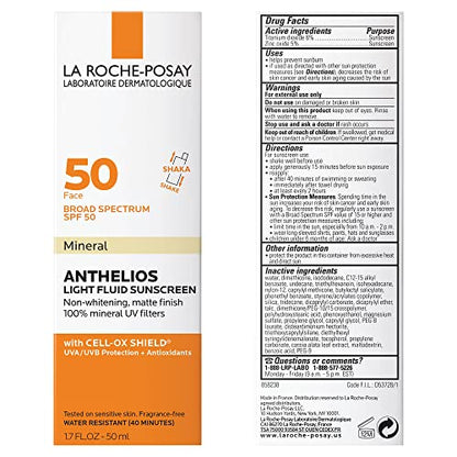 La Roche-Posay Anthelios Mineral Ultra-Light Fluid Broad Spectrum SPF 50, Face Sunscreen with Zinc Oxide and Titanium Dioxide, Oil-Free , 1.7 Fl. Oz.