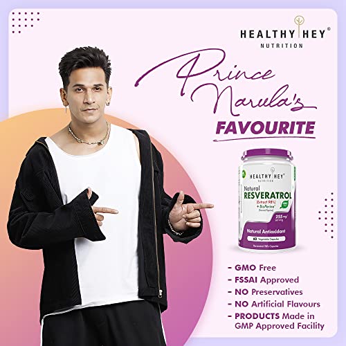 HealthyHey Resveratrol Extract 98% Plus BioPerine for Absorption - 255mg - 60 Vegetable Capsules (Pack of 1)