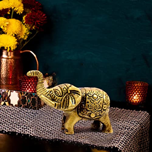 Two Moustaches Handcrafted Brass Elephant Showpiece (Pack of 1), Antique Yellow, Standard