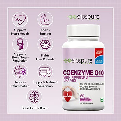 Alpspure Nutra Coenzyme Q10 / COQ10 100Mg High Absorption With Piperine & Dha Veg (60 Veg Capsules)  Antioxidant, Promotes Heart Health & Boost Energy