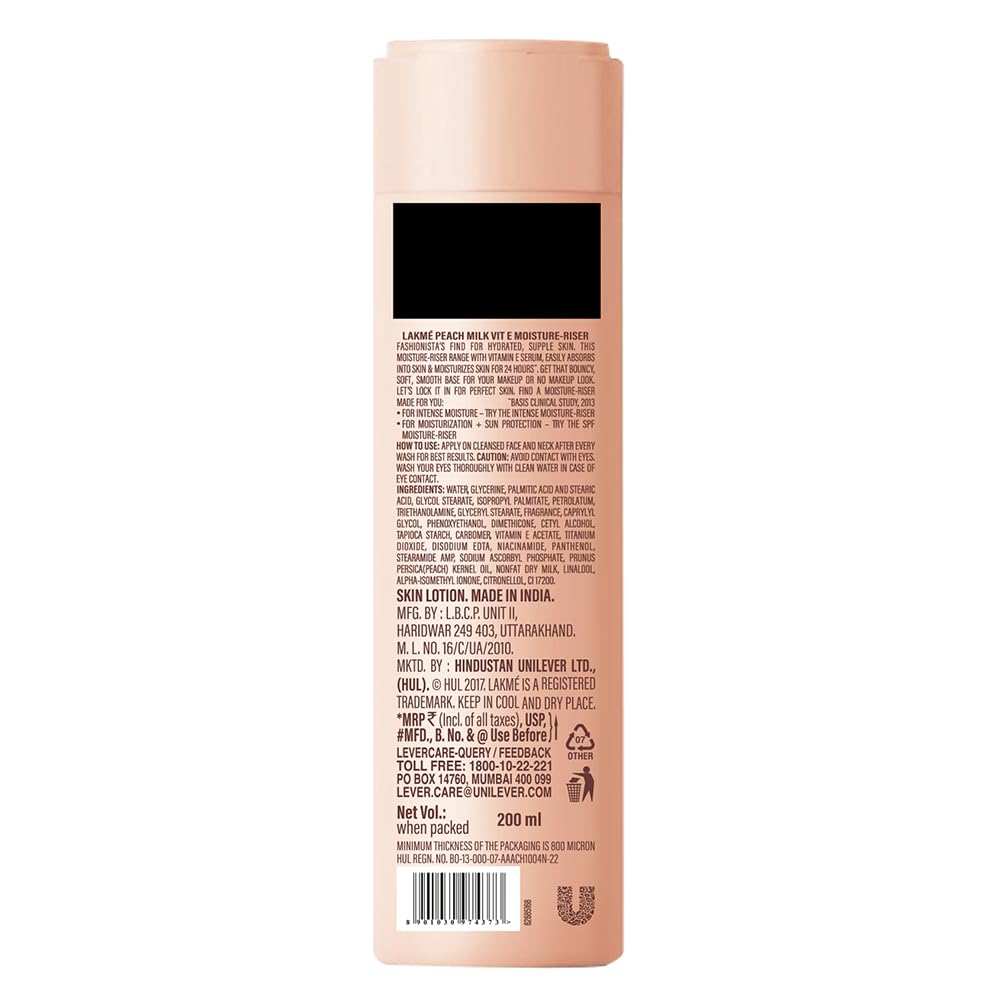 Lakme Peach Milk Face Moisturizer 200 ml, Daily Lightweight Lotion with Vitamin E for Soft Glowing Skin - Non Oily 24h Moisture for Women