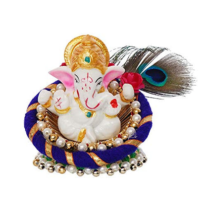 eCraftIndia Polyresin Lord Ganesha Idol on Decorative Handcrafted Floral Plate, God Idol for Car Dashboard, Home, Office Decor