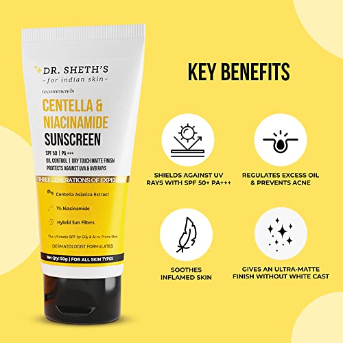 Dr. Sheth's Centella & Niacinamide Sunscreen Spf 50 Pa+++ For Oily & Acne-Prone Skin, Sweatproof, Wal, Protects Against Uva & Uvb Rays For Unisex, 50g